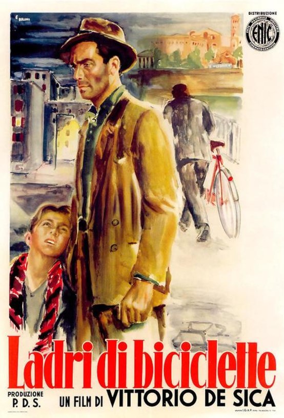 Vintage poster of film Bicycle Thieves with color image of man and boy