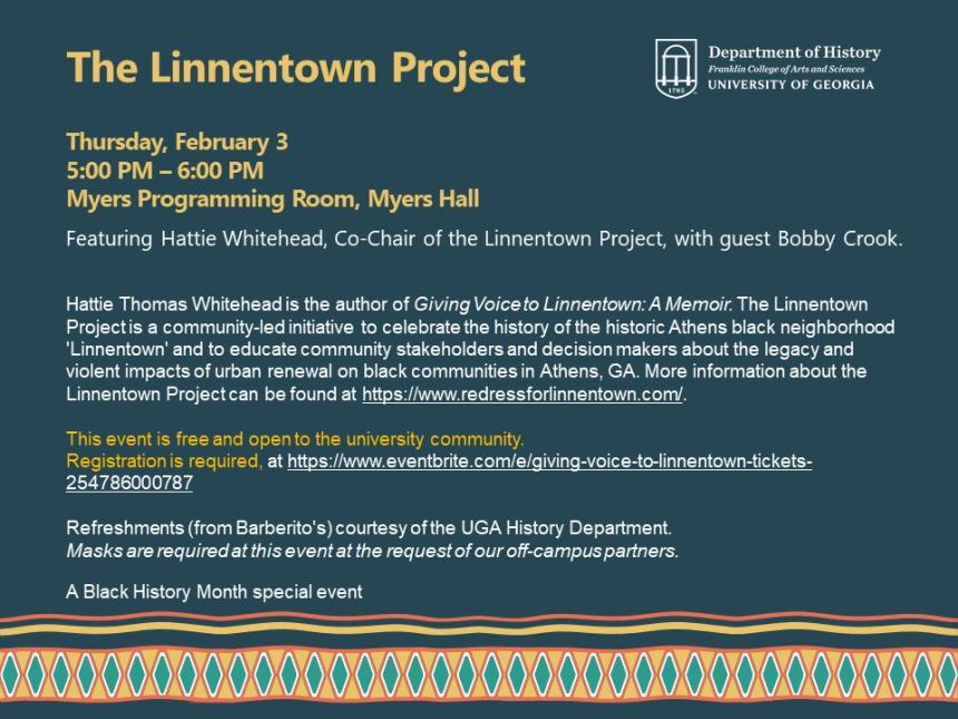 Flyer for Linnentown Project presentation Feb 3
