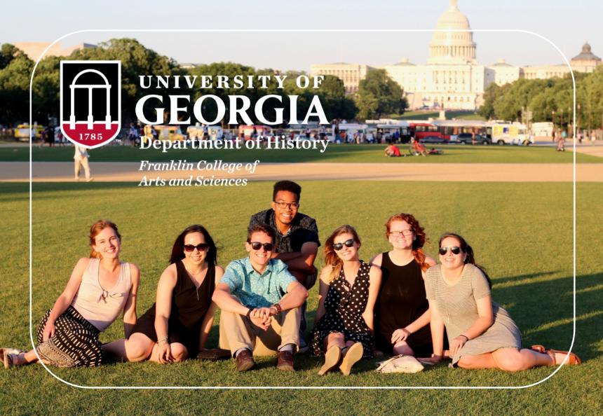 Photo a group of UGA public history interns in Washington DC and the UGA logo