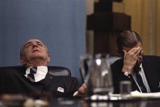 ❮ ❯ Download Print President Johnson and Secretary of Defense Robert McNamara at a cabinet meeting, February 7, 1968