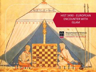 Painting of a Muslim and a Christian playing chess in a tent