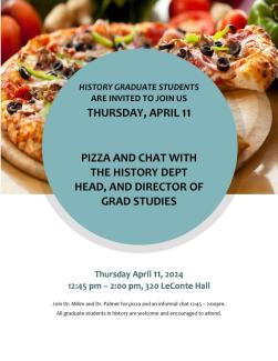 flyer for pizza and chat meetup: graduate students in history