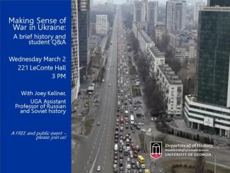 flyer for talk with photo of cars leaving city in Ukraine