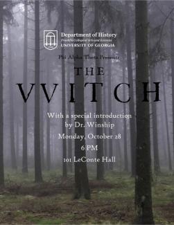 film flyer for "The Witch" photo of dark forest