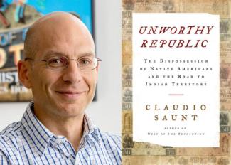 photo of Claudio Saunt and book cover for Unworthy Republic