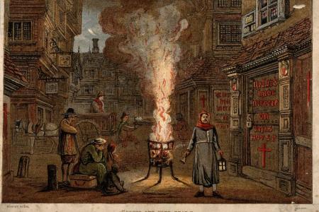 A street during the Great Plague in London, 1665, with a death cart and mourners. Source: Wellcome Library, London