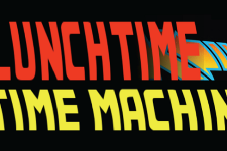Lunchtime Time Machine logo with red and yellow text on a black background