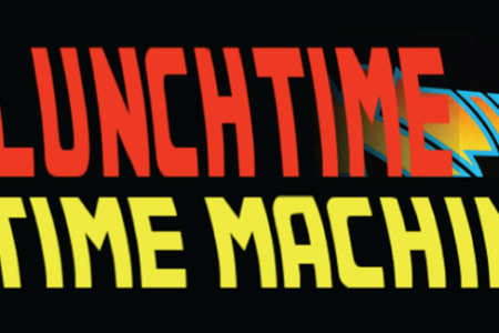 Lunchtime Time Machine logo in red and yellow text on a black background