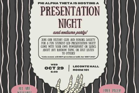 Phi Alpha Theta event flyer for Oct 29 History niche presentation night, 6pm in rm 101.