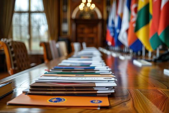 image of conference rooms with flags from various countries in room