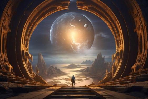 image of person under alien planetary object (illus)