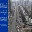flyer for talk with photo of cars leaving city in Ukraine